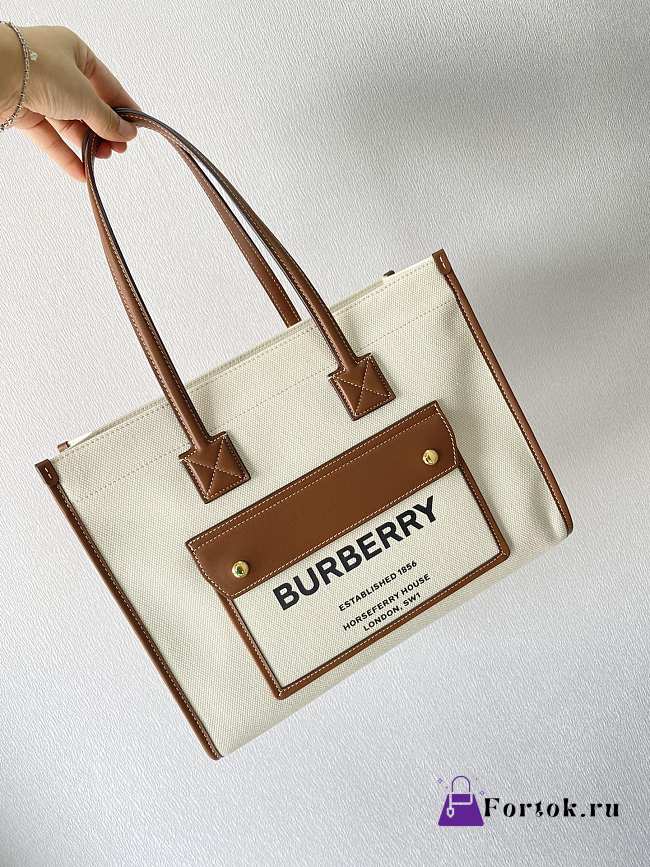 Burberry Small Leather Freya Tote  Two-tone Canvas Tan 80441381 33x12.5x26cm - 1