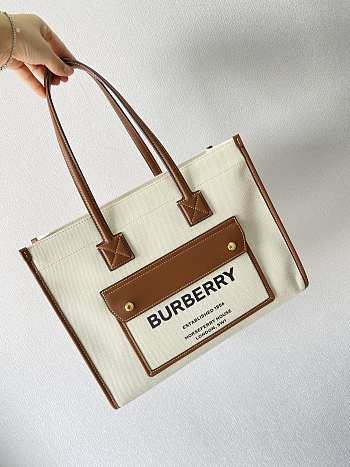 Burberry Small Leather Freya Tote  Two-tone Canvas Tan 80441381 33x12.5x26cm