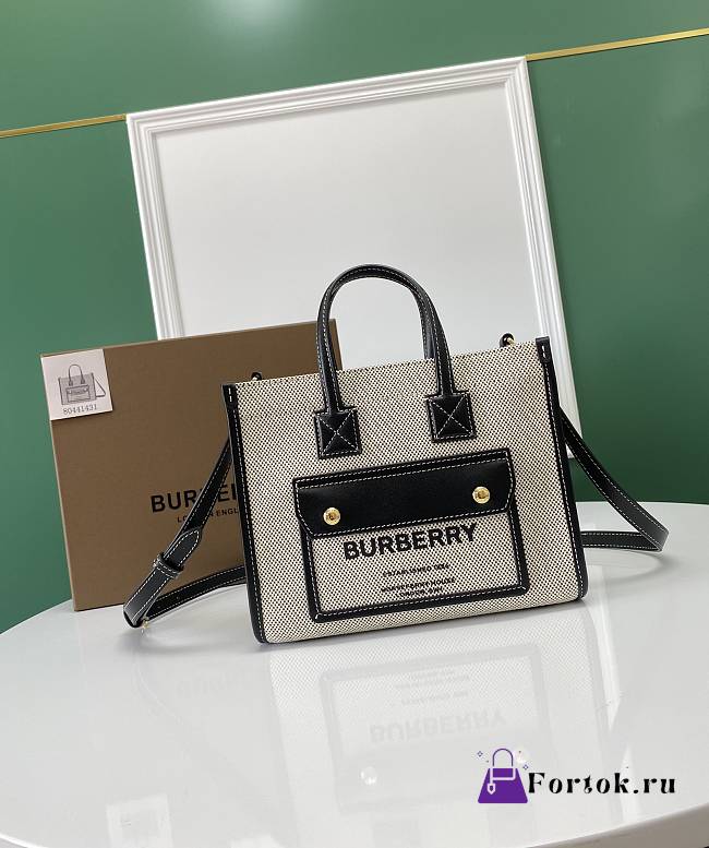 Burberry Mini Leather Freya Tote  Two-tone Canvas Black 23x8x19cm - 1