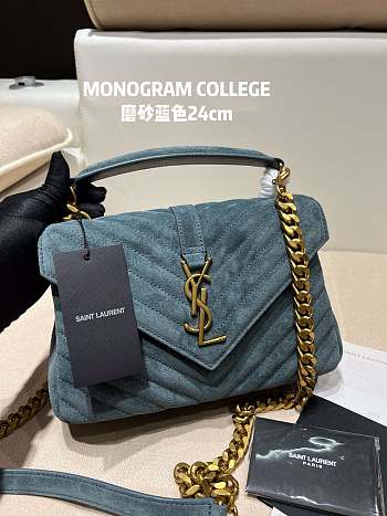 Ysl Medium College In Suede Blue 6002791 24x17x6cm