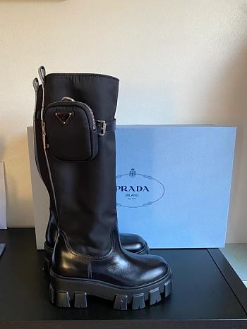 Prada Leather Nylon Zip-Pocket Platform Tall Riding Boots