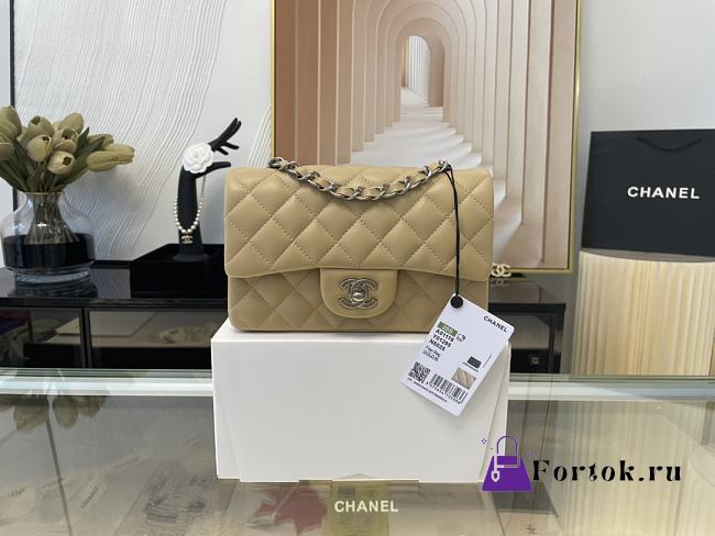 Chanel Mini Classic Flap Bag Leather Silver-tone Metal Beige A01116 20cm - 1