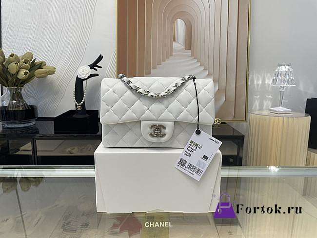 Chanel Mini Classic Flap Bag Leather Silver-tone Metal White A01116 20cm - 1