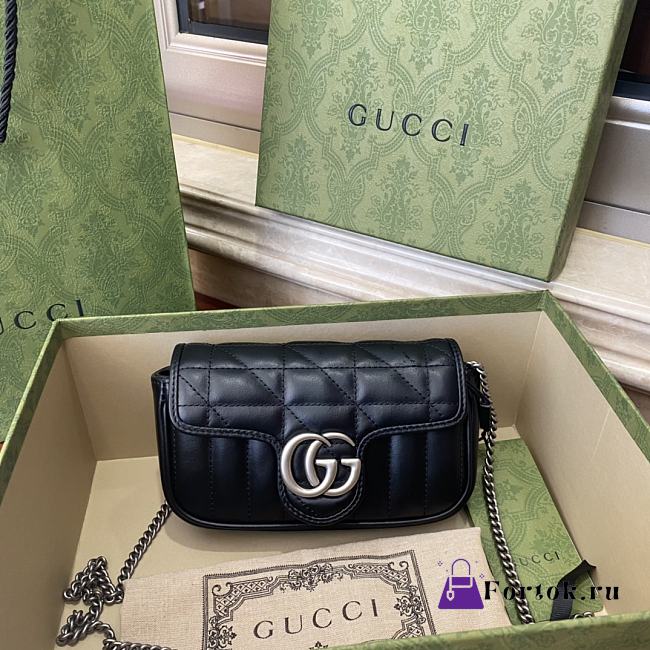 Gucci Super Mini GG Marmont Matelassé Leather Silver Metal Black 476433 16.5x10x5cm - 1