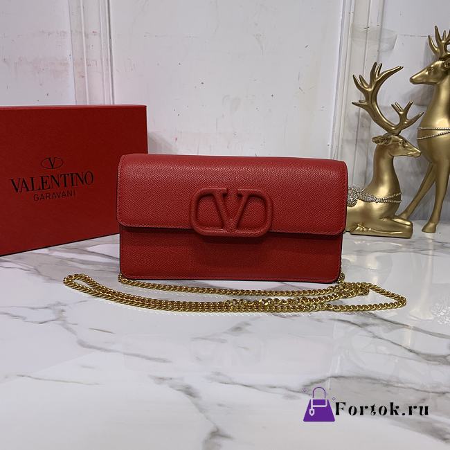 Valentino Vlogo Signature Grainy Leather Wallet With Chain Red 20x10x5.5cm - 1