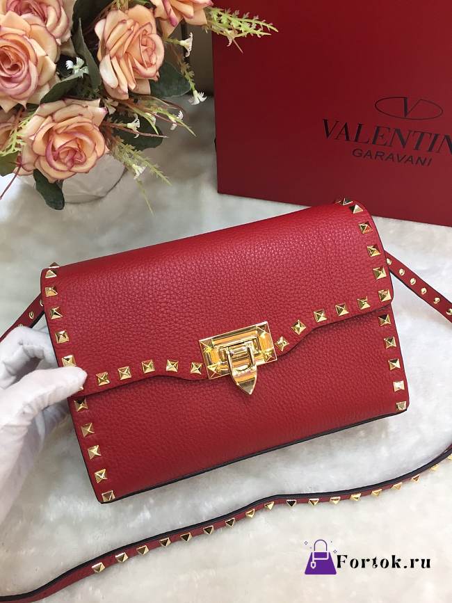 Valentino Small Rockstud Grainy Leather Bag Red 22.5×6.5×16.5cm - 1