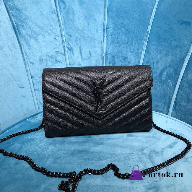 Ysl Monogram Chain Wallet Grained Leather Black 377828 22.5x14x4cm - 1