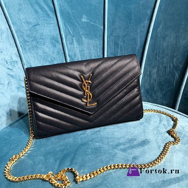 Ysl Monogram Chain Wallet Grained Leather Gold-tone Metal Black 377828 22.5x14x4cm - 1