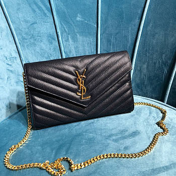 Ysl Monogram Chain Wallet Grained Leather Gold-tone Metal Black 377828 22.5x14x4cm