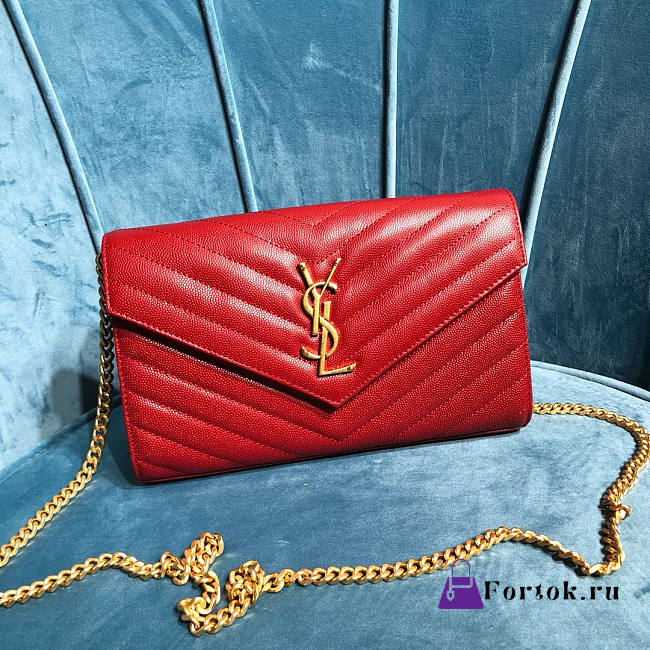 Ysl Monogram Chain Wallet Grained Leather Red 377828 22.5x14x4cm - 1
