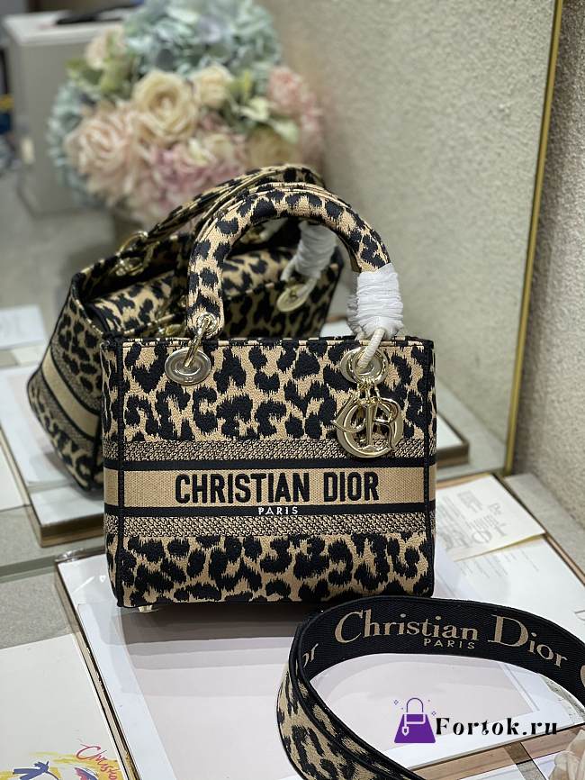 DIOR MEDIUM LADY D-LITE BAG Beige Multicolor Mizza Embroidery Leopard M0565OR - 1