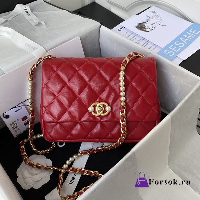 Chanel Small Flap Bag Calfskin Pearls Gold-Tone Metal Red AS3001 23x15.5x7.5cm  - 1