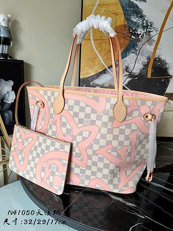 Louis Vuitton Neverfull MM Damier Canvas White/Pink N41050 32x29x17cm