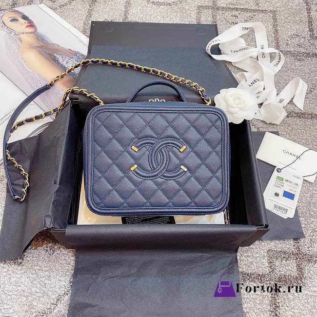 Chanel Caviar Quilted Small CC Filigree Vanity Case Navy 93343 21cm - 1
