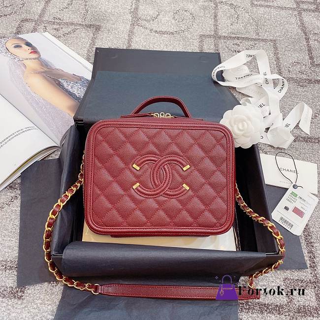 Chanel Caviar Quilted Small CC Filigree Vanity Case Burgundy 93343 21cm - 1
