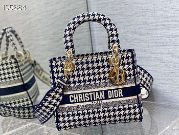 Dior Medium Lady D-Lite Houndstooth Embroidery Blue M0565 24cm