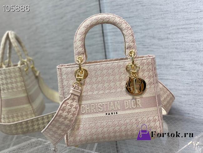 Dior Medium Lady D-Lite Houndstooth Embroidery Rose Pink M0565 24cm - 1