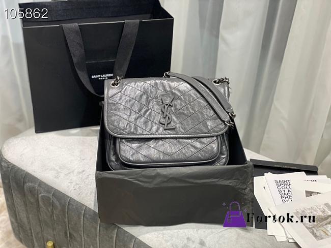 Ysl Medium Niki Crinkled Leather Gray 6331580 28x20.5x8.5cm - 1