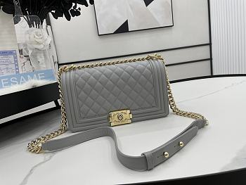 Chanel Medium Boy Bag Classic Gold-tone Metal Grained Leather Gray A67086 25cm