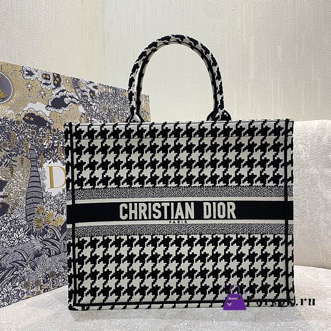 Dior Large Book Tote Houndstooth Embroidery Black M1286 42x35x18cm - 1