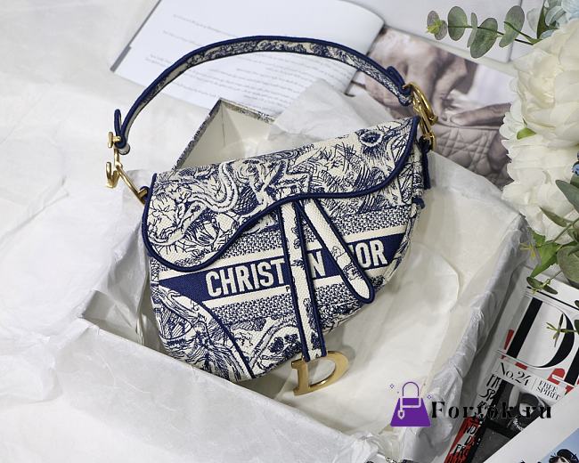 Dior Saddle Bag Toile de Jouy Embroidery Blue M0446 25.5x20x6.5cm - 1