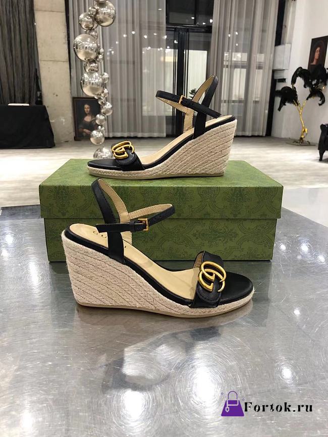 Gucci Aitana Leather Raffia Espadrille Wedge Sandals 85mm - 1
