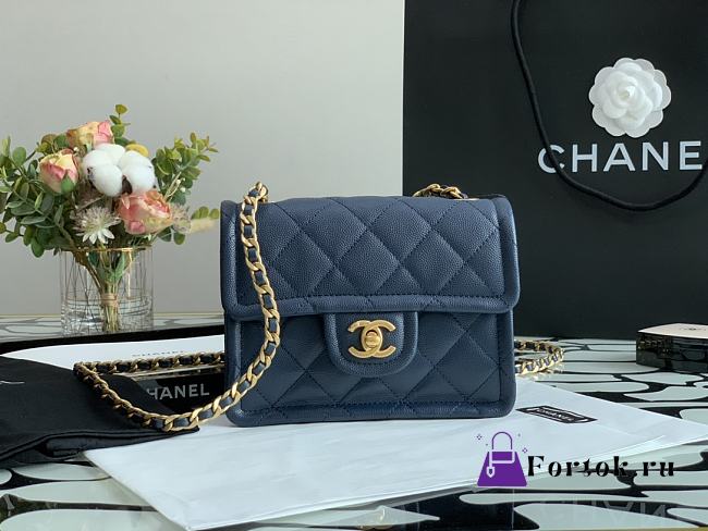 Chanel Small Flap Bag Grained Leather Navy Blue AS2356 14.5x18x8cm - 1