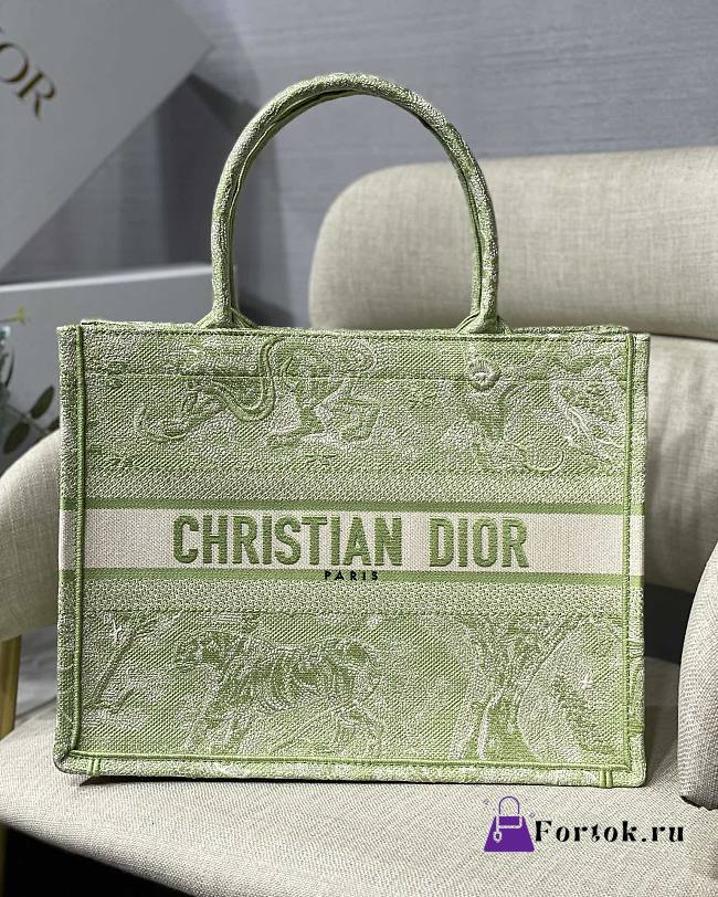 Dior Small Book Tote Green Embroidery M1296 36.5x28x17.5cm - 1