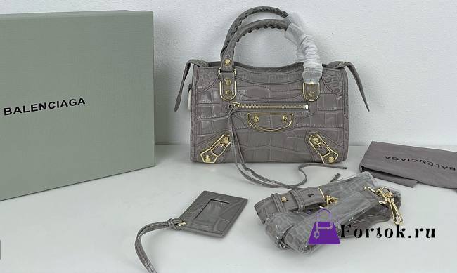 Balenciaga Small Neo Classic City Crossbody Crocodile Pattern Bag Grey Gold Metal 24x16x9cm - 1