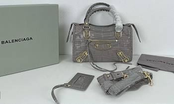 Balenciaga Small Neo Classic City Crossbody Crocodile Pattern Bag Grey Gold Metal 24x16x9cm