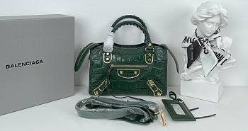 Balenciaga Small Neo Classic City Crossbody Crocodile Pattern Bag Green Gold Metal 24x16x9cm