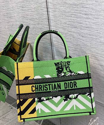 Dior Small Book Tote Green/Orange D-Jungle Embroidery M1296 36.5x28x17.5cm