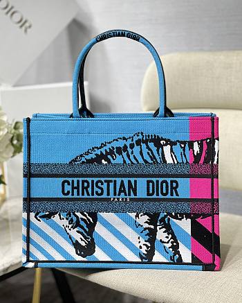 Dior Small Book Tote Blue/Pink D-Jungle Embroidery M1296 36.5x28x17.5cm