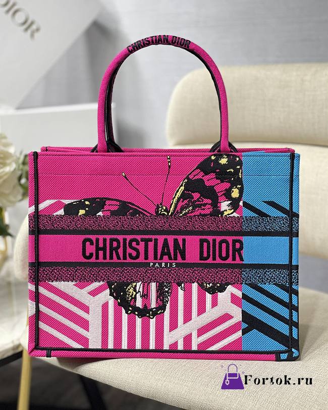 Dior Small Book Tote Pink/Blue D-Jungle Embroidery M1296 36.5x28x17.5cm - 1