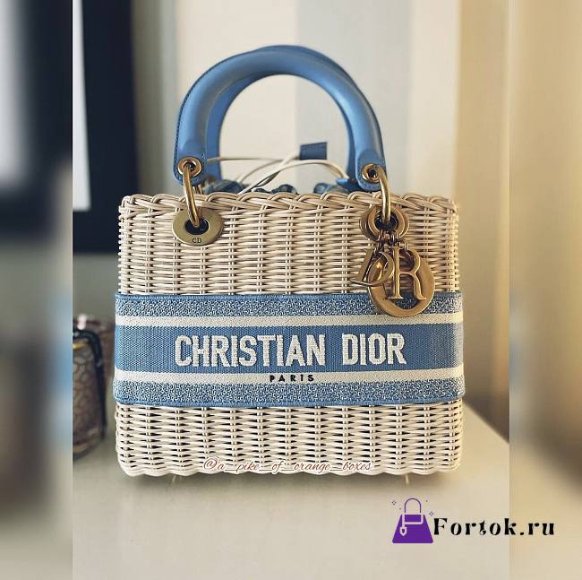 Dior Medium Lady Dior Bag Wicker Blue M0565 24x20x11cm - 1