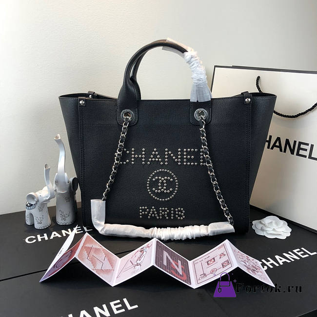 Chanel Deauville Studded Logo Tote Bag Silver-tone Metal Grained Leather 38cm - 1
