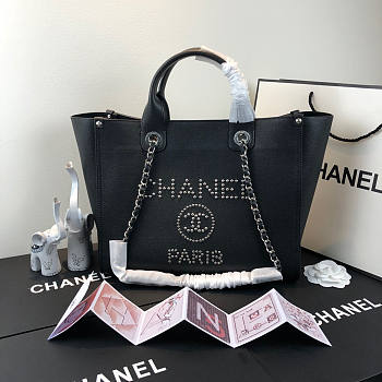 Chanel Deauville Studded Logo Tote Bag Silver-tone Metal Grained Leather 38cm