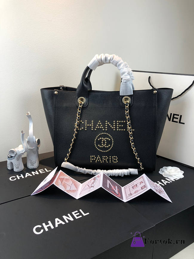 Chanel Deauville Studded Logo Tote Bag Gold-tone Metal Grained Leather 38cm - 1