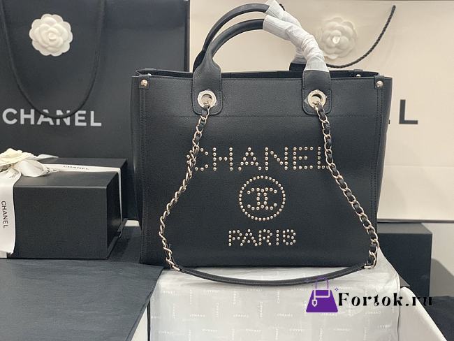 Chanel Small Deauville Studded Logo Tote Bag Silver-tone Metal Grained Leather 18x33x27cm - 1