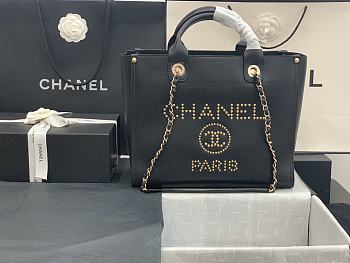 Chanel Small Deauville Studded Logo Tote Bag Gold-tone Metal Grained Leather 18x33x27cm