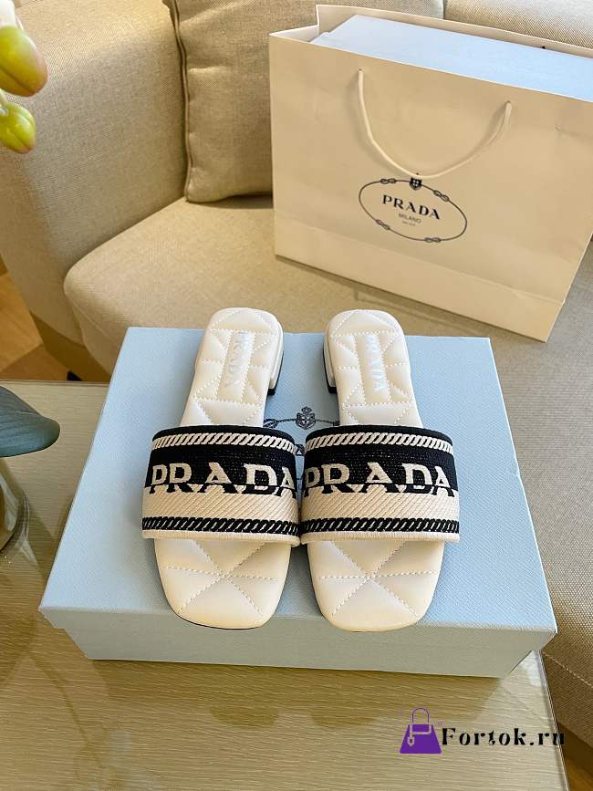 Prada Embroidered Fabric Slides White/Black 1XX612 - 1