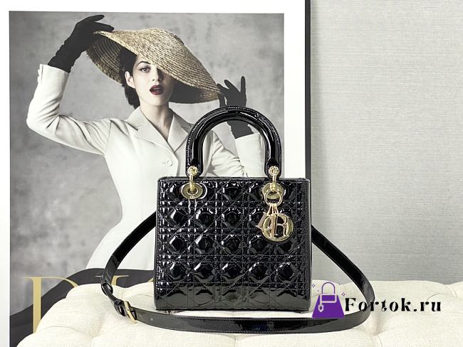 Dior Medium Lady Dior Patent Cannage Black Gold-tone Metal M0565 24×20×11cm - 1