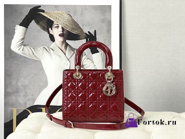 Dior Medium Lady Dior Patent Cannage Red M0565 24×20×11cm - 1