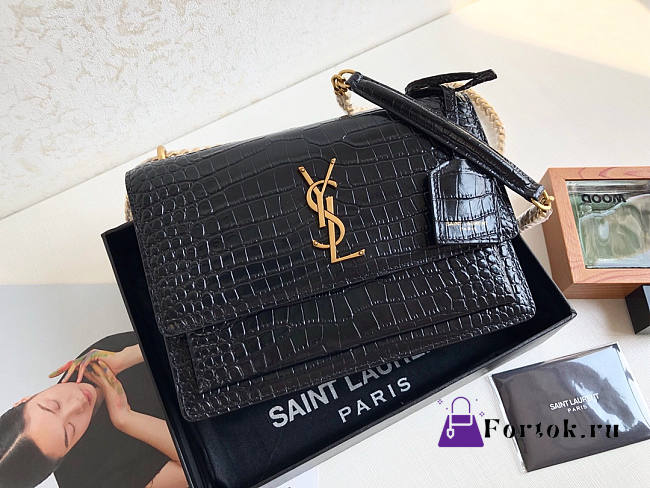 Ysl Medium Sunset Chain Bag In Crocodile Leather Black Gold-tone Metal 442906 22x16x8cm - 1