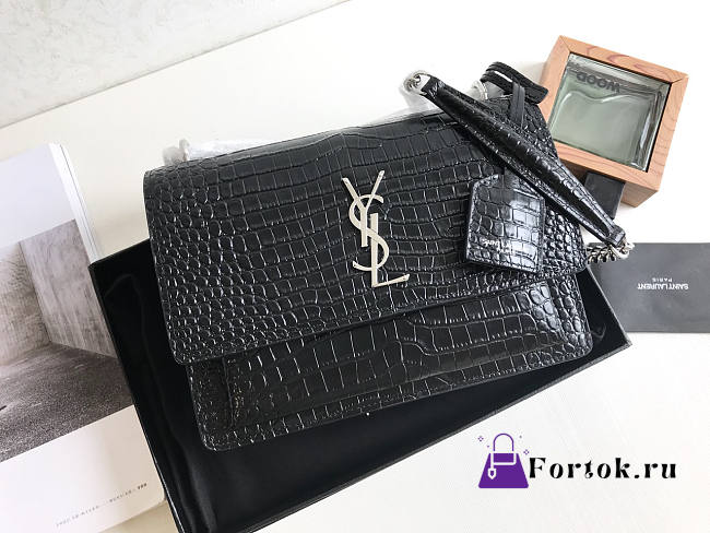 Ysl Medium Sunset Chain Bag In Crocodile Leather Black Silver-tone Metal 442906 22x16x8cm - 1
