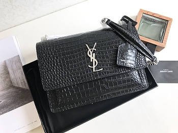 Ysl Medium Sunset Chain Bag In Crocodile Leather Black Silver-tone Metal 442906 22x16x8cm