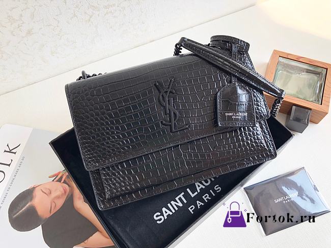 Ysl Medium Sunset Chain Bag In Crocodile Leather Black Black-tone Metal 442906 22x16x8cm - 1