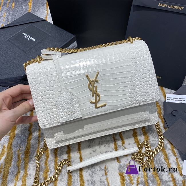 Ysl Medium Sunset Chain Bag In Crocodile Leather White Gold-tone Metal 442906 22x16x8cm - 1