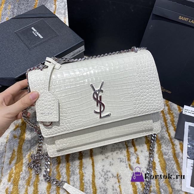 Ysl Medium Sunset Chain Bag In Crocodile Leather White Silver-tone Metal 442906 22x16x8cm - 1