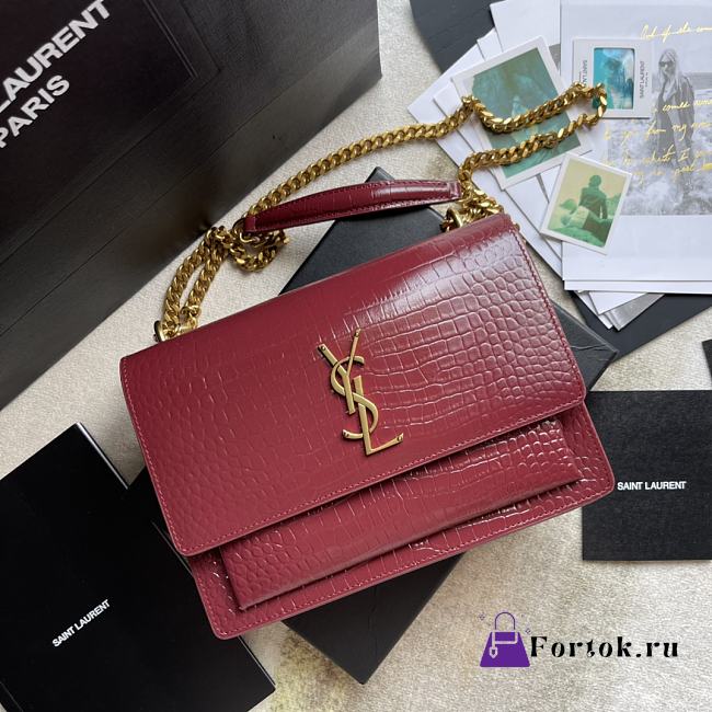 Ysl Medium Sunset Chain Bag In Crocodile Leather Red Gold-tone Metal 442906 22x16x8cm - 1